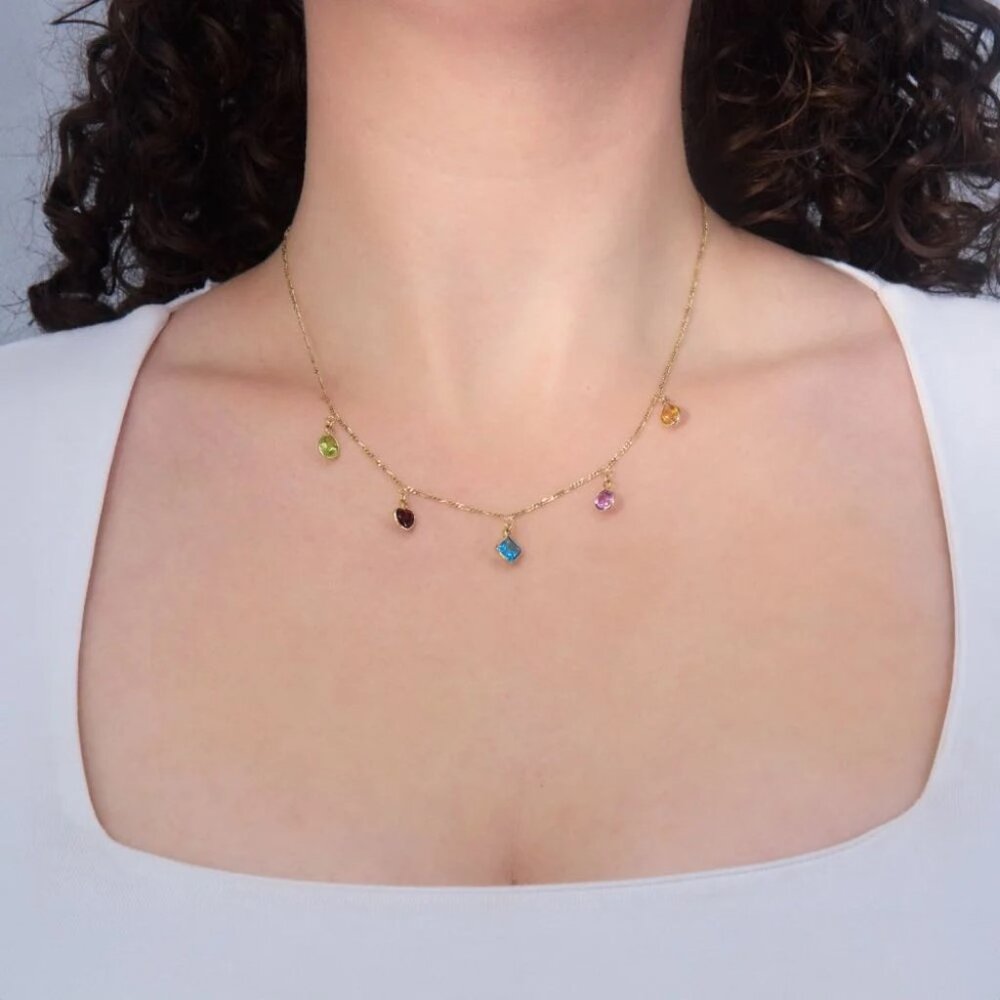 Bejeweled Gemstone Station Necklace 14K Yellow Gold & Matching Earrings